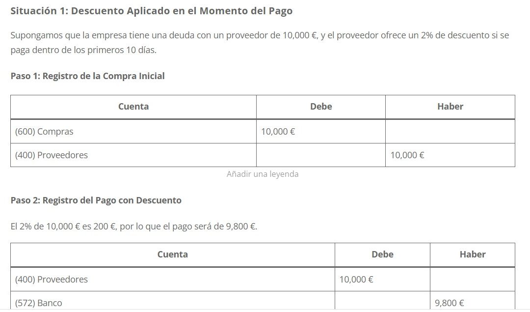 Asiento contable pago a proveedores con descuento a pronto pago dos tipos diferentes